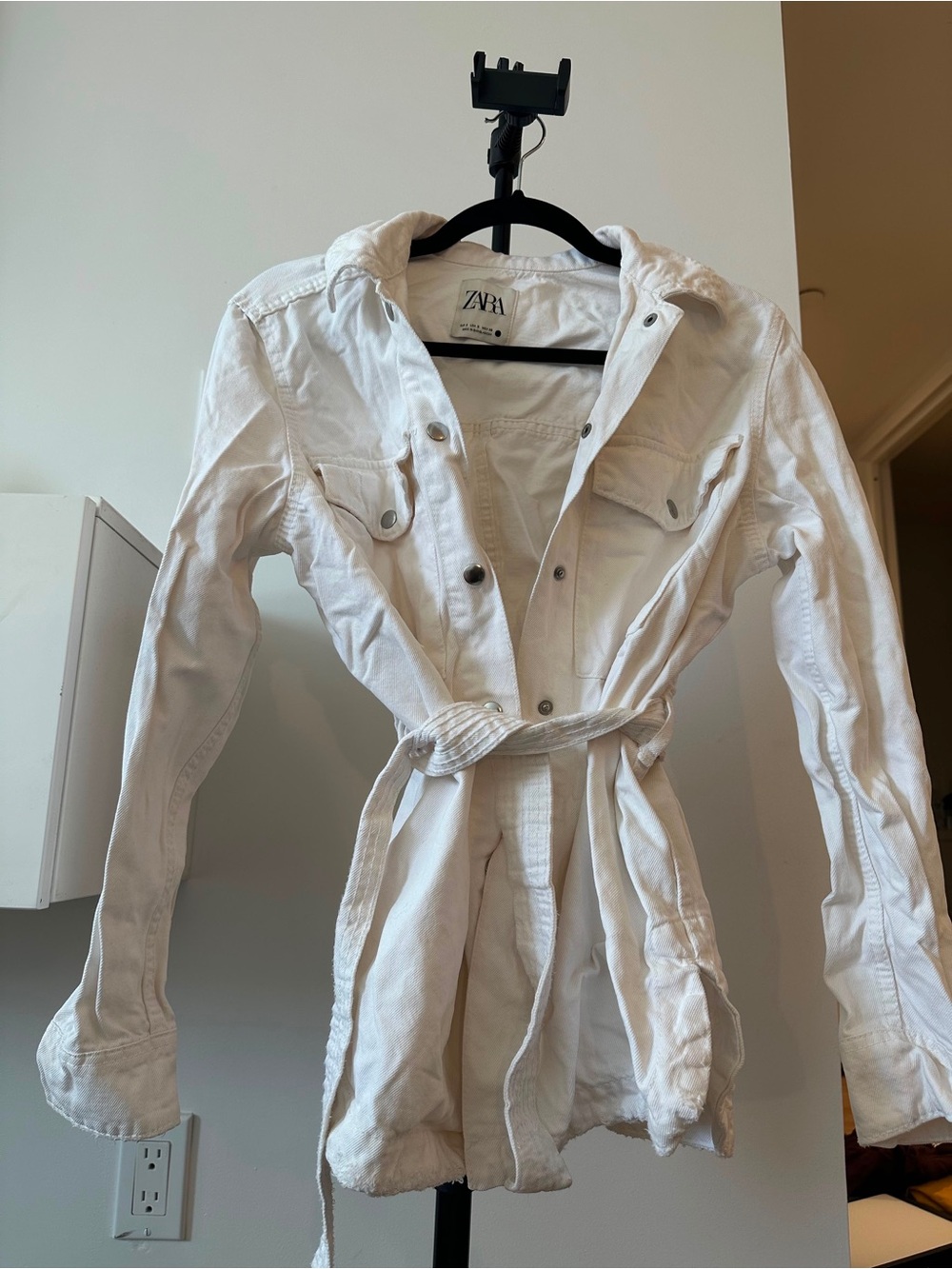 Zara White Belted Utility Jacket - Women's Jean Jacket